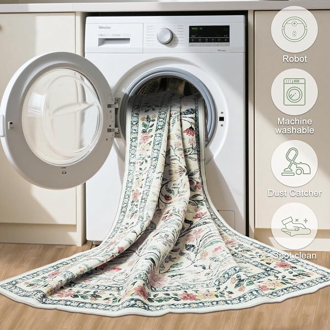 Runner Rug for Entryway: 2.6x10 Kitchen Rugs Non Slip Washable Ultra-Thin Soft Floral Carpet Indoor Floor Stain Resistant Carpets for Hallway Bedroom Kitchen Laundry Bathroom Dorm Green/Beige