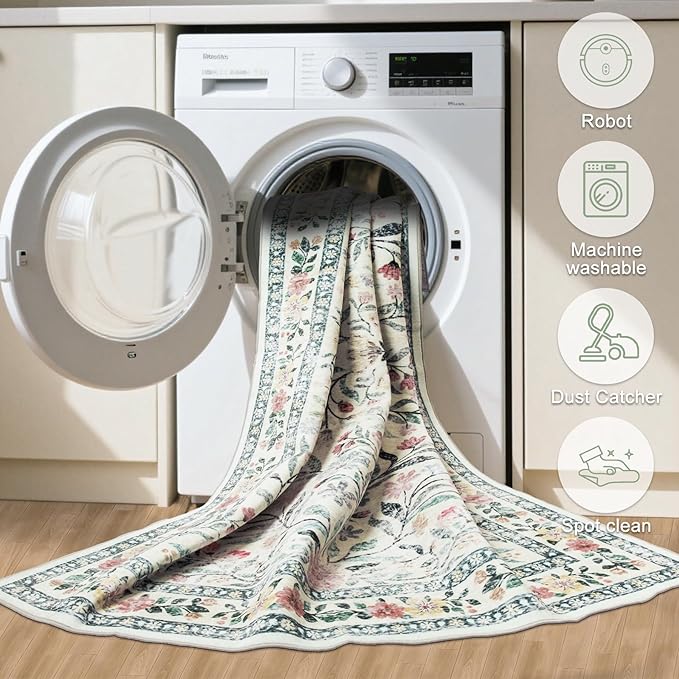 Area Rug Living Room Rugs: Floral 3x5 Washable Rug Vintage Soft Boho Non-Slip Carpet Indoor Floor Stain Resistant Large Carpets for Bedroom Dining Room Farmhouse Nursery Hallway Green/Beige