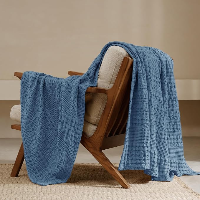 PHF 100% Cotton Waffle Throw Blanket for Couch, Lightweight Breathable and Soft for Summer, Luxury Aesthetic Waffle Weave Blanket for Home Decor & Office, Gifts for Women, 50"x60", Denim Blue