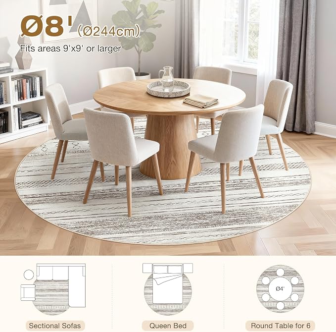 Tortania 8' Round Area Rug Living Room Rugs - Washable Large Soft Neutral Boho Moroccan Bohemian Farmhouse Rug Indoor Floor Carpet for Bedroom Under Dining Table Home Office Decor - Cream/Brown