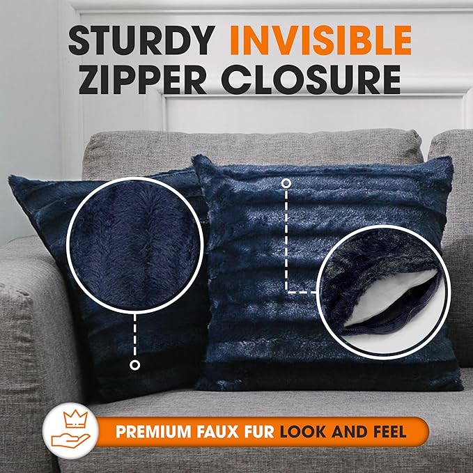 Cheer Collection Faux Fur Throw Pillows - Decorative Pillows for Couch, Bed Throw Pillows, Blue Accent Pillows for Bedroom or Living Room Aesthetic, Set of 2 Furry Throw Pillows, 20" x 20"