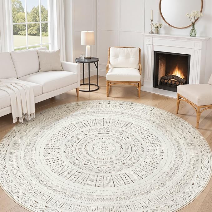 cotiled 8x8 Round Area Rug Living Room: Washable Boho Rugs with Non Slip Backing Large Soft Indoor Stain Resistant Carpet for Bedroom Farmhouse Dining Room Lightweight Home Decor L Brown/Cream