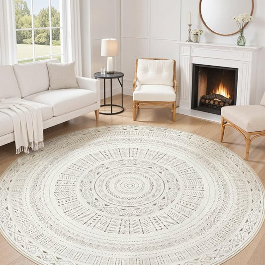 cotiled 8x8 Round Area Rug Living Room: Washable Boho Rugs with Non Slip Backing Large Soft Indoor Stain Resistant Carpet for Bedroom Farmhouse Dining Room Lightweight Home Decor L Brown/Cream