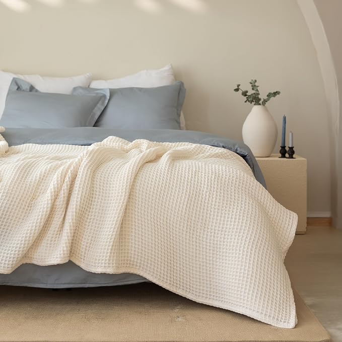 100% Turkish Cotton Waffle Throw Blanket King Size Natural Undyed - Premium Quality, Light and Airy Waffle All-Season Quilt - Decorative Bedspread (Natural, King Size 95" x 110" Inch)