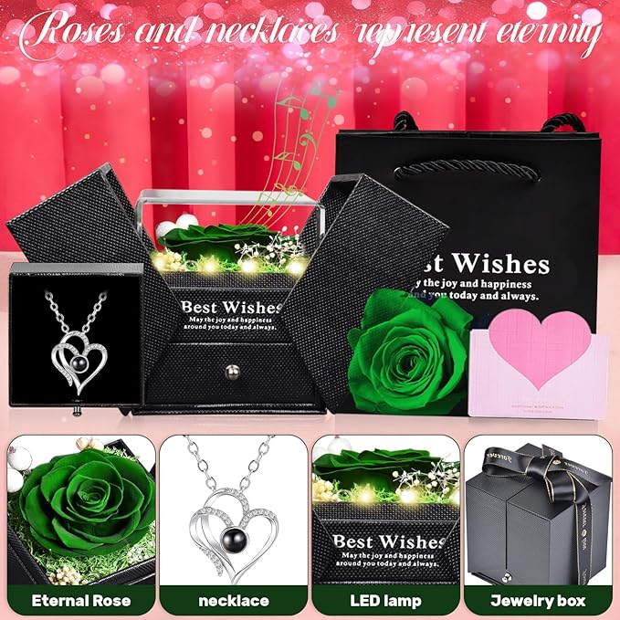 Pasuvsigt Valentines Day Rose Gifts for Her, Preserved Real Rose with I Love You Heart 100-Language Necklace, LED Lights & Music Box, Anniversary Birthday Valentines Gifts for Women Girlfriend Mom