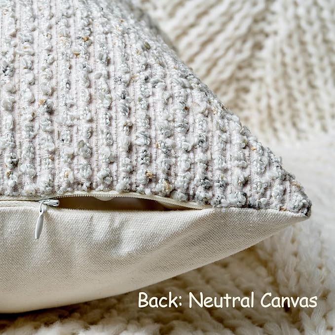 DEZENE Striped Throw Pillow Covers 12x20 Set of 2 Cream Grey Textured Boucle Chic Morden Boho Accent Farmhouse Rectangular Lumbar Decorative Couch Pillow Covers for Home Decor Bed Sofa Living Room