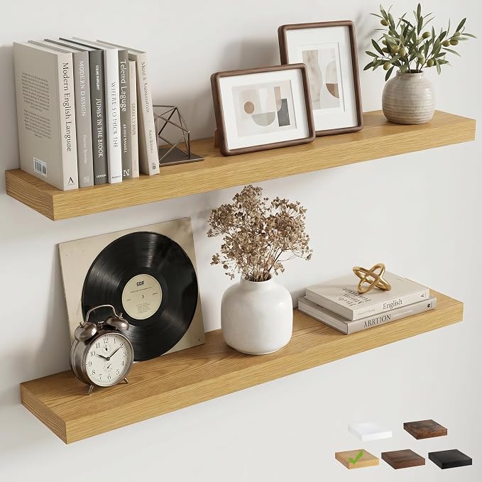 Venusmiles Floating Shelves for Wall, 36 Inch Floating Shelves Set of 2, 6.5" D Wooden Wall Mounted Display Shelves with Invisible Brackets for Living Room, Bedroom, Bathroom, Kitchen Decor, Oak