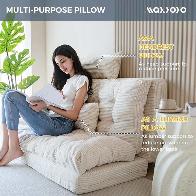 MAXYOYO Folding Sofa Bed, Tufted Bean Bag Bed with Pillows Floor Couch for Adults, Extra Thick and Long Floor Sofa, Full Floor Couch Bed for Bedroom Living Room, Beige, 54x91 Inch