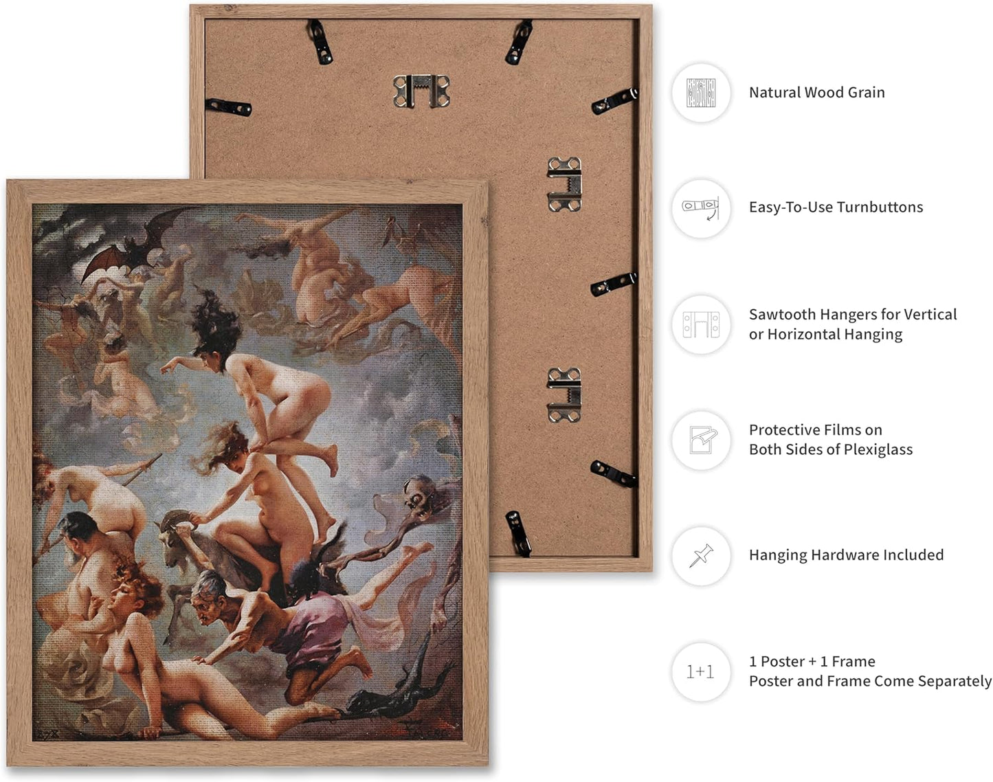 Poster Master Vintage Luis Ricardo Falero Poster - Retro Occult Print - Gift for Gothic, Horror Fan - Witches Going to their Sabbath, Pagan - Wall Decor for Bedroom, Dorm, 16x20 Beige Framed