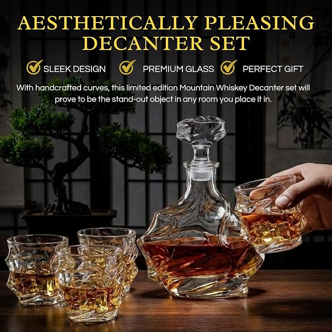 Storm Japanese Crystal Whisky Decanter Set with 4 Tumbler Glasses, Lead-Free Liquor Carafe & 10oz Rocks Glasses - Scotch, Bourbon, Spirits & Wood Base Elegant Barware Gift for Men, Japan Design Gifts