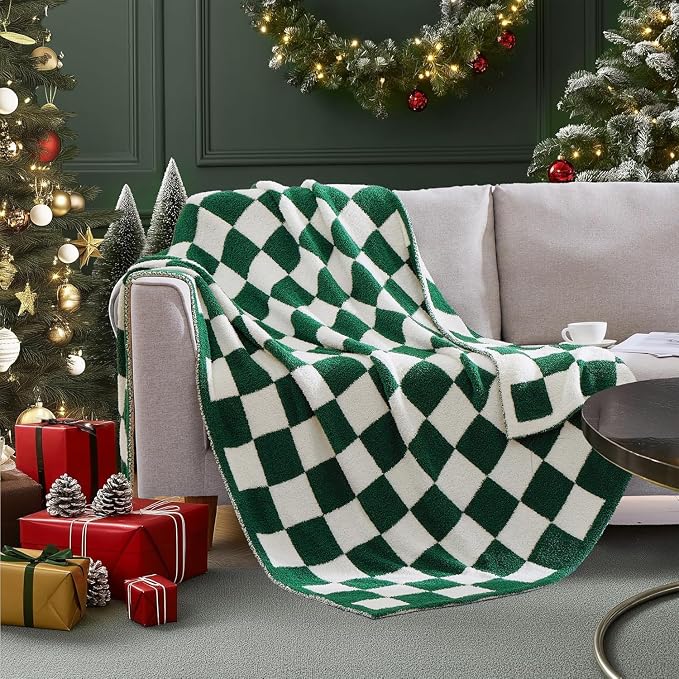 WRENSONGE Soft Twin Size Checkered Blanket for Bed-Cozy Knitted Blankets | Lightweight Fluffy Warm Decor for Women, Mom, Her & Girls, Sofa, Chair, Couch, 60x80in, Avocado Green