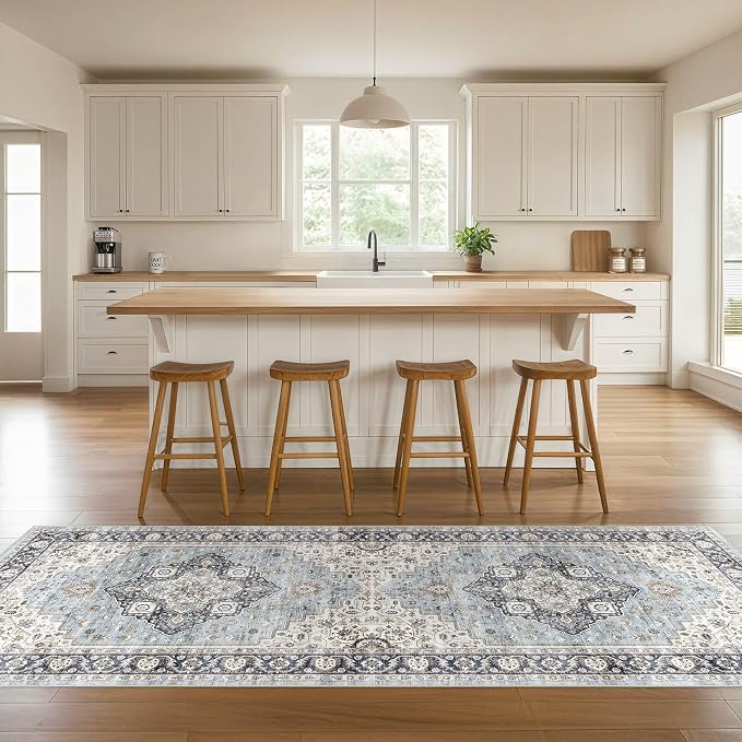 Runner Rug Kitchen Washable Rugs: 3x10 Non-Slip Boho Vintage Distressed Stain Resistant Indoor Neutral Farmhouse Throw Carpet for Hallway Bathroom Laundry Room Entryway Bedroom- Blue Tan