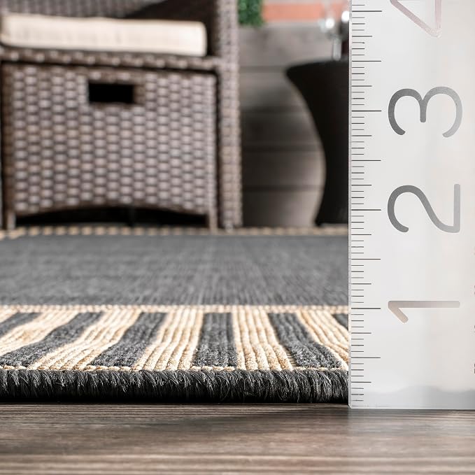 Nuloom Asha Dark Grey/Ivory, 8' Round, Casual, Striped Border, Soft and Cozy, High Traffic, Stain Resistant, Easy Clean, Durable Area Rug for Indoor/Outdoor Patio, Deck, Porch, Garden, Courtyard