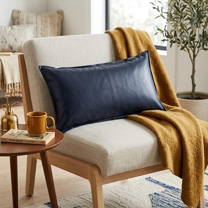 Genuine Leather Pillow Cover Case for Lumbar Throw Couch Pillows - Modern Farmhouse Decorative Sofa Thick & Soft Cushion Covers (Royal Blue, 16" x 24")