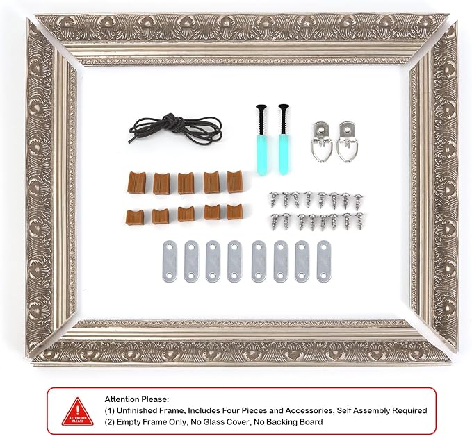 Silver 24x36 Frame for Stretched Canvas Painting Board, 2.4” Wide Baroque Wood Ornate Picture Frame For Home Staircase Hallway Fireplace Decoration (Empty Frame, No Glass Cover&Backboard)