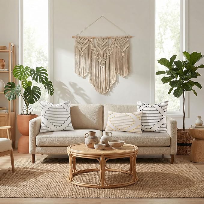 Mecatny Boho Outdoor Throw Pillow Covers 20X20 Set of 2, Farmhouse Decorative Pillow Covers for Couch Sofa Living Room, Beige & Cream White