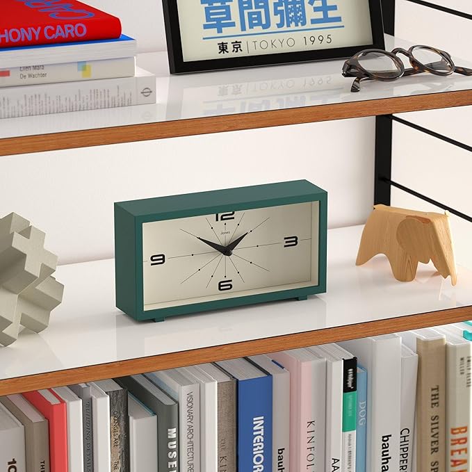 JONES CLOCKS® Odeon Desk Clock | Modern Rectangular Design | Green | Stylish Retro Look for Shelf, Table, Mantel or Bedside