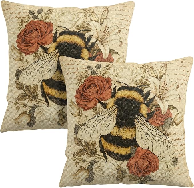 Set of 2 Vintage Bumblebee Pillow Covers 16x16 Honeybee with French Script and Flower Pillowcases Spring Summer Rustic Bee Throw Pillow Cover for Home Outdoor Farmhouse Decor