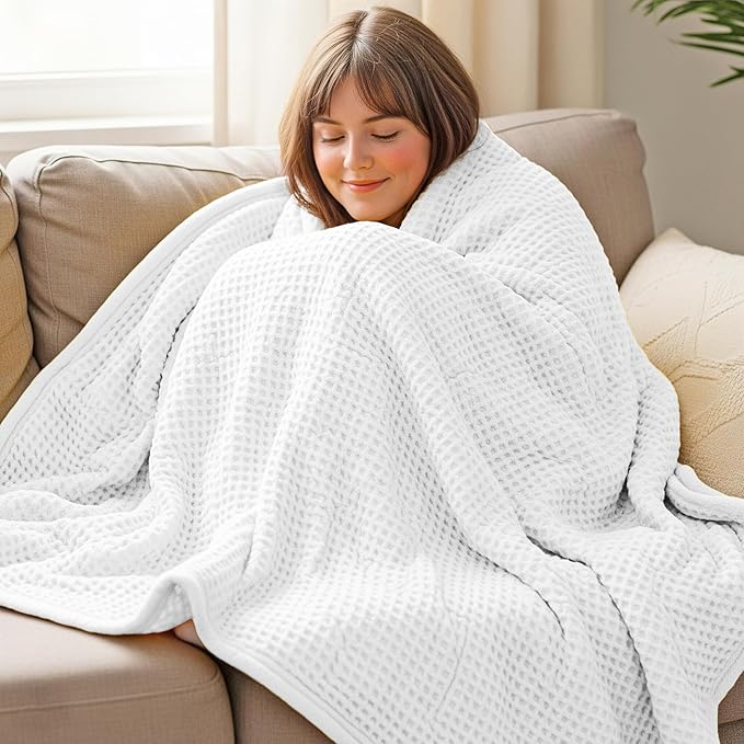 THREAD SPREAD 100% Cotton Waffle Twin Size Blanket for Bed - Soft Lightweight Breathable Waffle Weave Twin Blanket for All Season, Textured Throw Blankets for Bed, Sofa, Hotel, Hospital - White