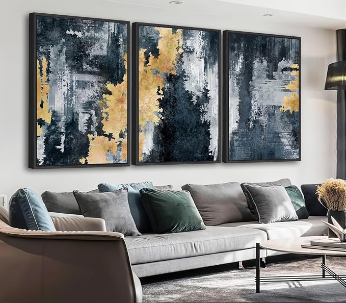 Large Framed Abstract Wall Art - Natural Frame Retro Canvas Pictures for Living Room Modern Canvas Prints Navy Blue for Bedroom, Black Float Frame Art for Home Office Kitchen Decor 24" X 36" X 3pcs