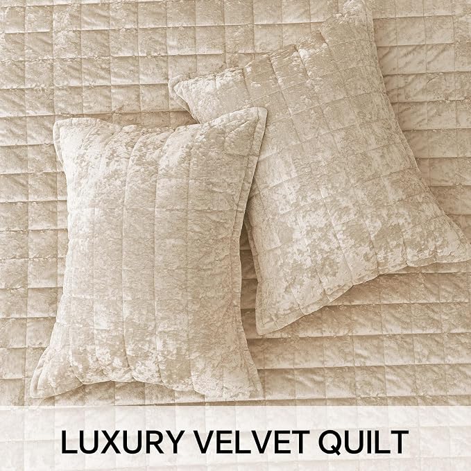 BEDELITE Velvet Quilt Set King Size - Luxury Soft Velvet Comforter Bedding Set for All Season, Lightweight Quilted Box Stitch Oversized Bedspread Coverlet with 2 Matching Shams, Shiny Urban Taupe