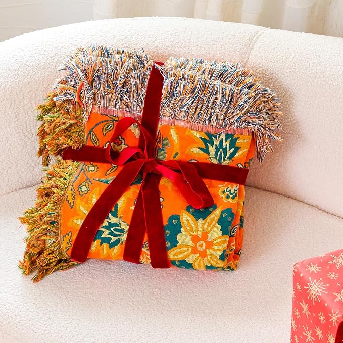 King Throw Blanket for Bed Couch,100% Organic Cotton Reversible Soft Quilt, Orange Floral Breathable Lightweight Muslin Blankets,90"×108" Extra Large Sofa Throws for 3 4 Seater with Tassels,Orange
