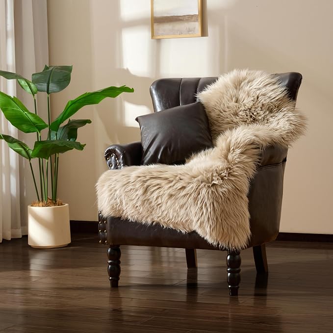 Premium Genuine Sheepskin Area Ruge - Real Wool Fur Shaggy Carpet | Fluffy Soft Natural Lambskin Rug Seat Chair Covers for Couch Sofa Bedroom Living Room(Beige,2×3 Feet Sheepskin)
