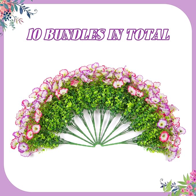 Hrobek Artificial Flowers for Outdoor Spring Summer Decoration, 10 Bundles Fake Plastic Flower Plant, Faux Colorful Silk Morning Glory Eucalyptus for Outside Garden Porch Front Door Decor, Pink White