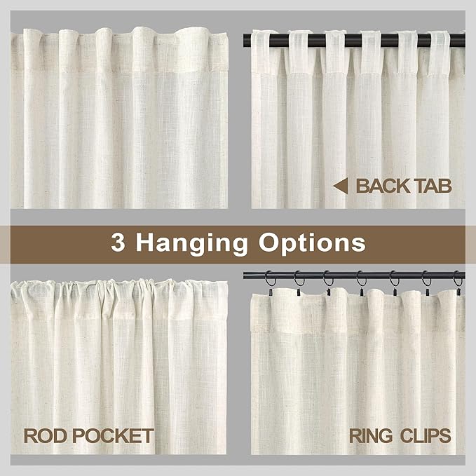 Natural Linen Curtains for Small Windows 38 Inch Wide 2 Panels Set Back Tab Pocket Short Skinny Narrow Mini Curtains for Bedroom Bathroom Basement Farmhouse Decor 38x45 Inch Length Ivory Cream Colored