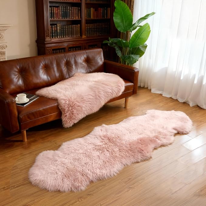 Premium Genuine Sheepskin Area Ruge - Real Wool Fur Shaggy Carpet | Fluffy Soft Natural Lambskin Rug Seat Chair Covers for Couch Sofa Bedroom Living Room(Pink,2×3 Feet Sheepskin)