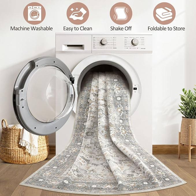 Runner Rug Kitchen Washable Rugs: 3x10 Non-Slip Boho Soft Vintage Stain Resistant Indoor Floor Neutral Farmhouse Throw Carpet for Hallway Bathroom Laundry Room Entryway Bedroom- Taupe