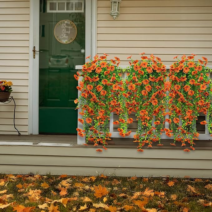 LikSoor 4 Pcs Artificial Outdoor Hanging Plants Fall Decoration UV Resistant Faux Silk Flowers for Outside, Garden, Porch, Window, Home Decor(Orange)