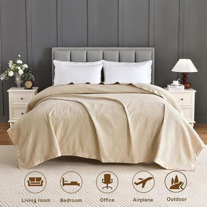 meadow park Cotton Waffle Blanket with Cotton Sateen Binding - King Size - Lightweight and Breathable - Washed Waffle Throw - Taupe Color.