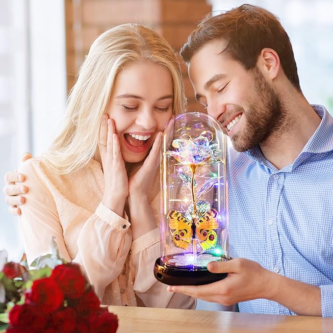 Mothers Day Rose Gifts for Mom Birthday Gift for Women, Rechargeable Galaxy Glass Rose in Glass Dome Colorful Crystal Flower Butterfly Mother's Day Flowers Gifts for Women Mom Wife Grandma Daughter