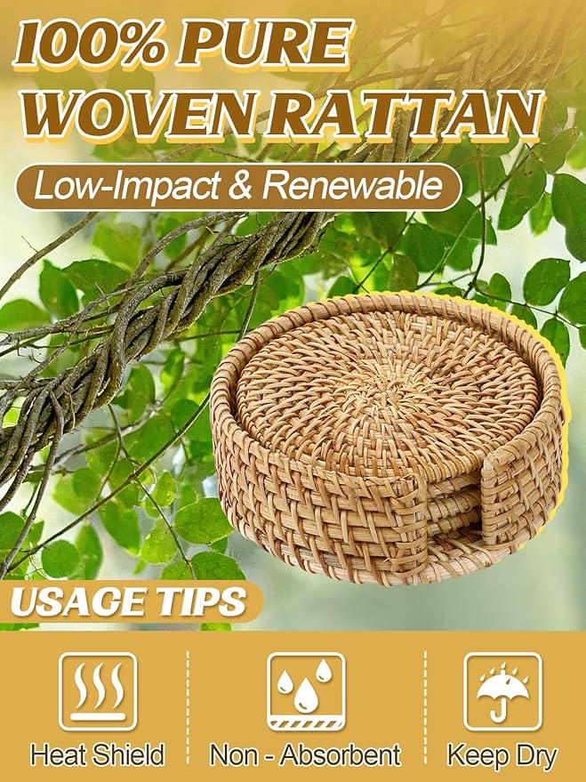 4pcs Natural Handmade Rattan Coasters with Holder - Wicker Drink Coasters Set for Protecting Table, Housewarming Gifts Boho Fall Home Coastal Decor