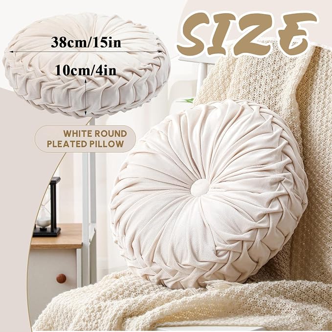 Drydiet 1 Pcs Round Throw Velvet Pillows Decorative Pleated Throw Pillows Diameter Accent Pumpkin Boho Chair Cushion for Couch Sofa Home Decoration (Beige,15'')
