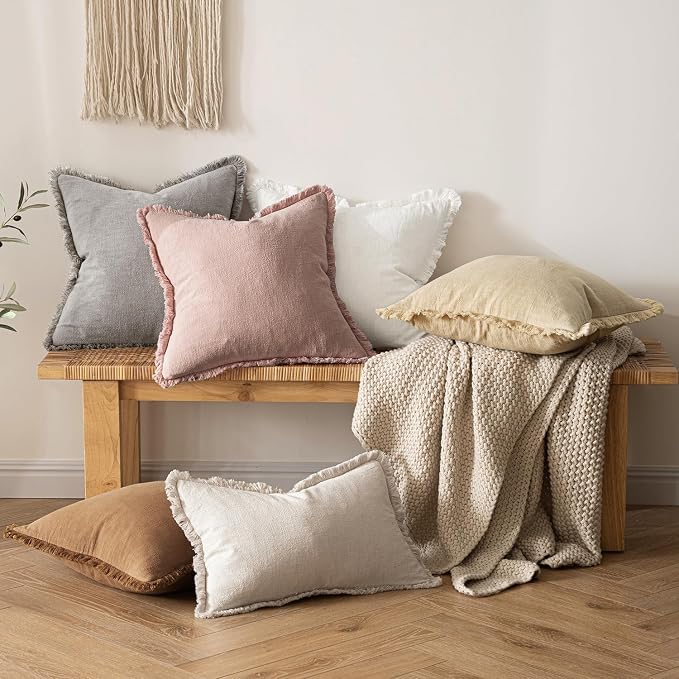 MIULEE Decorative Throw Pillow Covers Neutral Linen Fringe Throw Pillows Euro Shams Set of 2 White Boho Farmhouse Cushion Covers for Couch Sofa Bed Living Room Spring Home Decor 28x28 Inch
