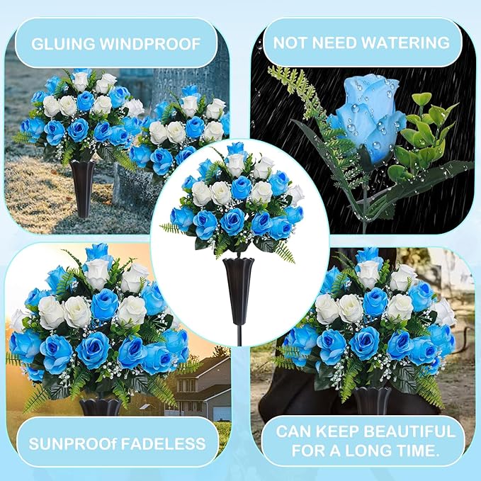 Lodou Set of 2 Artificial Cemetery Flowers, Memorial Flowers Bouquet,Grave Memorial Flowers with Vase for Cemetery Headstones Decoration (Blue White)