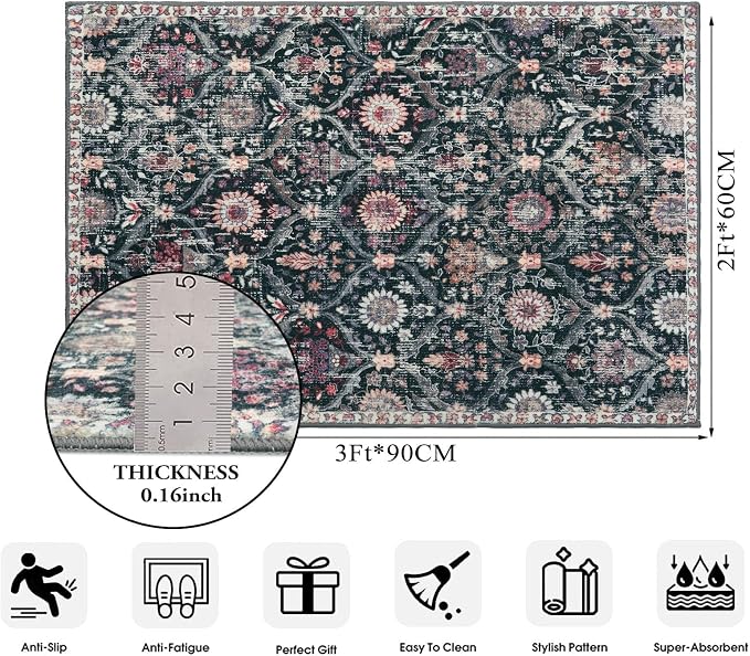 Lahome Moroccan Trellis Washable Rug, 2x3 Entryway Rugs for Kitchen Bathroom, Non-Slip Indoor Door Mat Ultra-Thin, Small Oriental Throw Carpet for Bedroom Entry Elise, Black/Multi
