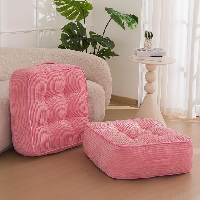 HIGOGOGO 8" Extra Thick Floor Pillow Cushion for Adults, Meditation Cushion Pillow, Large Square Floor Sitting, Tufted Corduroy Cover, for Tatami Living Room or Yoga, 22x22 Inch, 2Pack, Pink