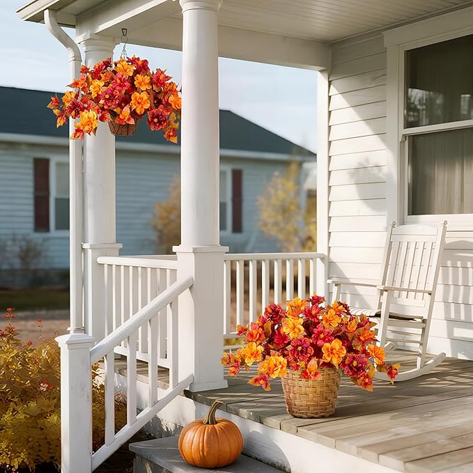 INXUGAO Fall Flowers Artificial for Outdoors Decoration, 2PCS Fake Fall Flowers for Outdoor Planters, Autumn Faux Hibiscus UV Resistant No Fade for Home Porch Patio Garden Balcony Yard Indoor Decor