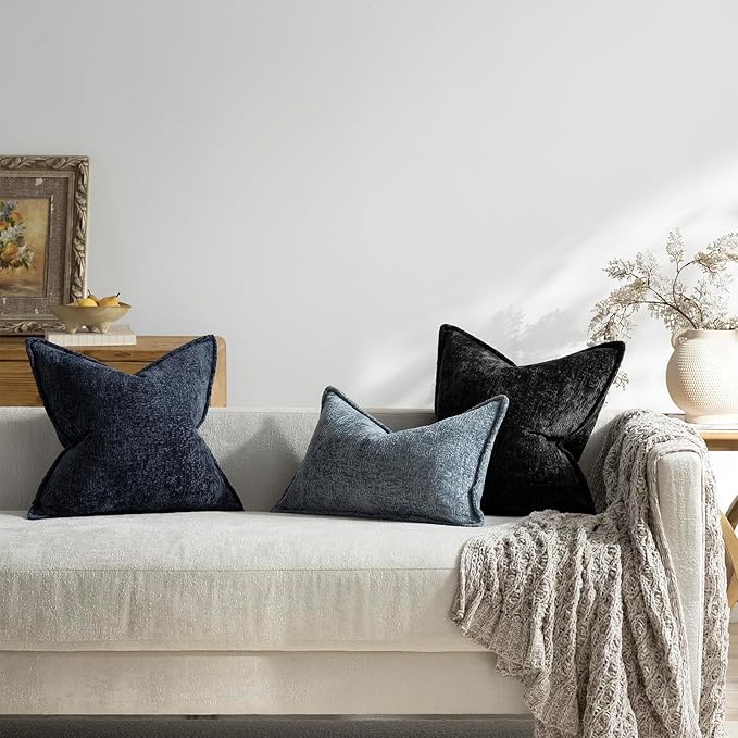 DEZENE Pack of 2 Navy Decorative Throw Pillow Covers 24x24 Cozy Soft Chenille Accent Vintage Square Couch Pillow Covers for Home Decor Bed Sofa Living Room