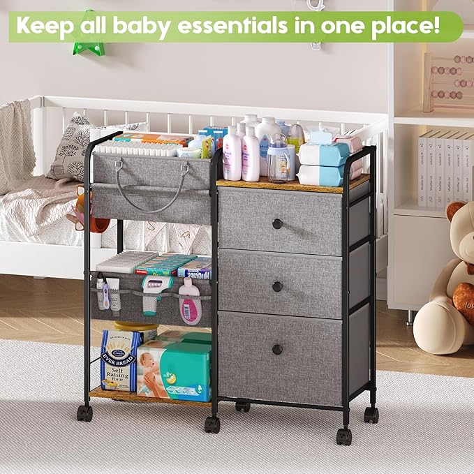 Cidaziya 2In1 Baby Diaper Caddy Organizer and Storage, 3 Tier Rolling Cart with Dividers and Drawers, Mobile Utility Cart Baby Dresser Clothes Organizer for Changing Table, Crib Nursery, Bedroom, Grey