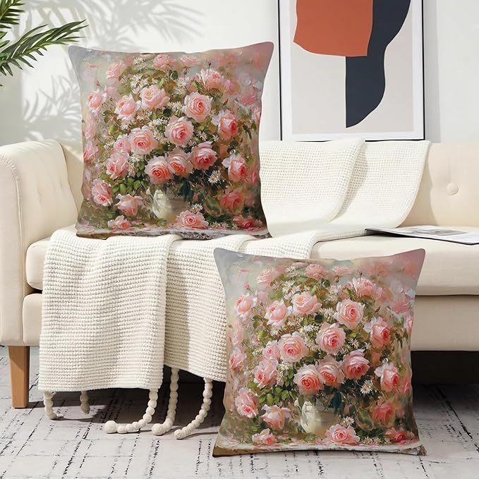 Vintage Rose Pillow Covers Spring Summer Daisy Rose with Flower Vase Pillow Cases Retro Pink Floral Throw Pillow Covers 24x24 Shabby Chic Outdoor Cushion Case for Home Couch 2 Pack