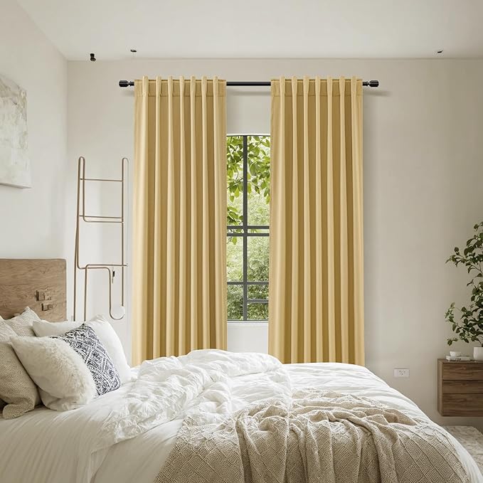 Guken 100% Blackout Curtains 72 Inch Length 2 Panels Set for Living Room Bedroom Back Tab Thermal Insulated Black Out Linen Drapes Room Darkening Window Curtains 72 Inches Long,Gold Yellow