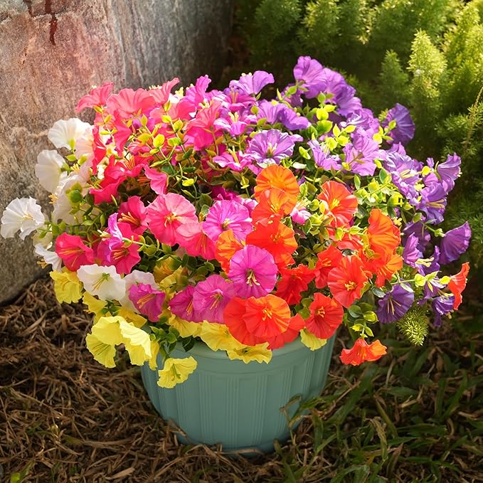 Fanfantoey Artificial Flowers for Outdoor, UV Resistant Fake Plants Outside Decoration, 14 Pcs Realistic Silk Morning Glory Faux Flowers for Porch Patio Gardens Home Decor(14, 6 Mixed)