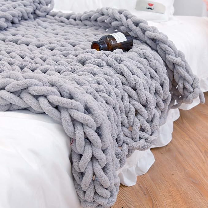 Soft Chunky Knit Throw Blanket for Couch, Cozy Warm Knitted Blankets | Hand Knit with Jumbo Chenille, Lightweight Warm Fluffy Decor for Women, Mom, Her & Girls, Sofa, Chair, Bed, 40"x60" (Gray)