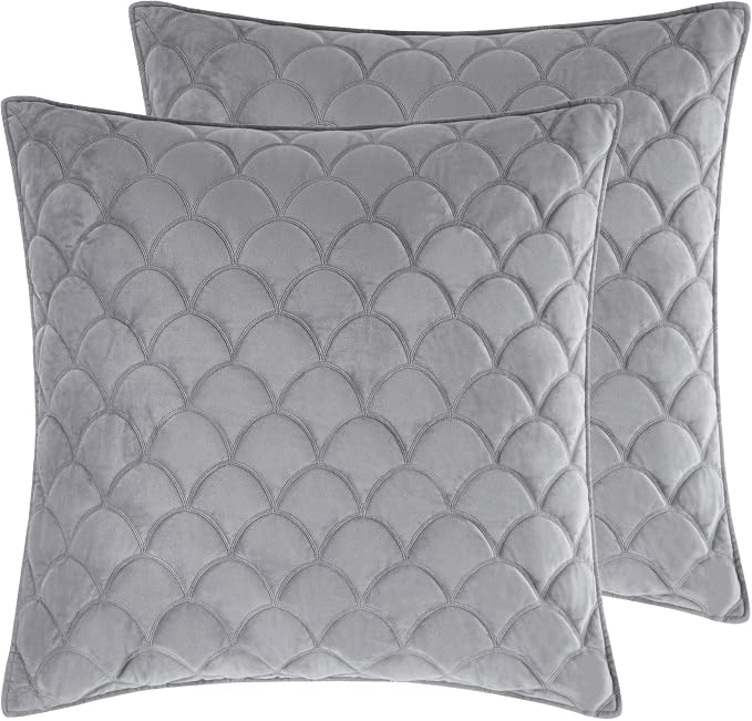 Levtex Home - Light Grey Velvet Quilt - Euro Sham - Plaid - Red and White - Set of 2 (26x26in.), No Insert - Polyester