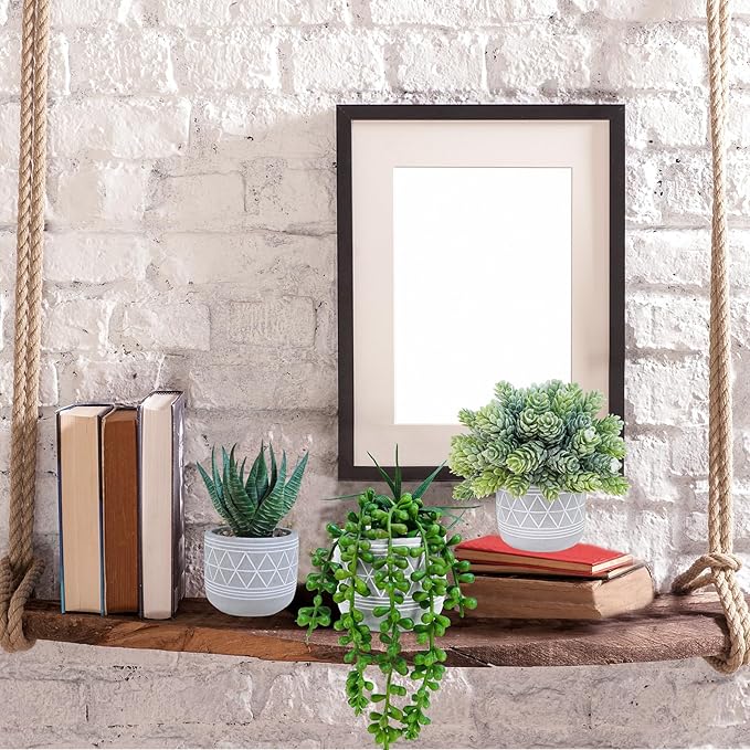Winlyn Set of 3 Mini Faux Succulent Potted Plants Artificial Aloe Hops String of Pearls Fake Succulents in Gray Geometric Concrete Pots for Home Office Table Shelf Kitchen Living Room Boho Décor