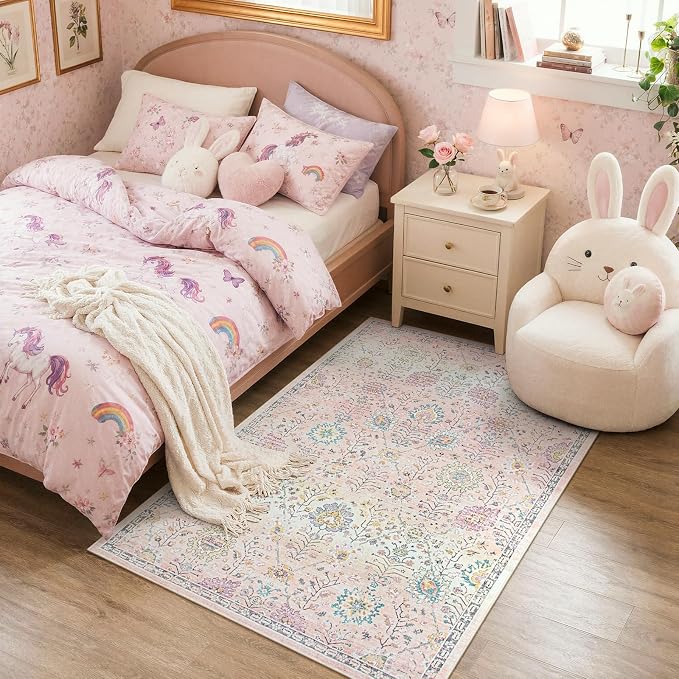 Lahome Girls Bedroom Pink Rug 3x5, Soft Washable Floral Area Rug with Non Slip Backing, Small Light Pink Carpet for Dorm Room, Nursery and Kids Room